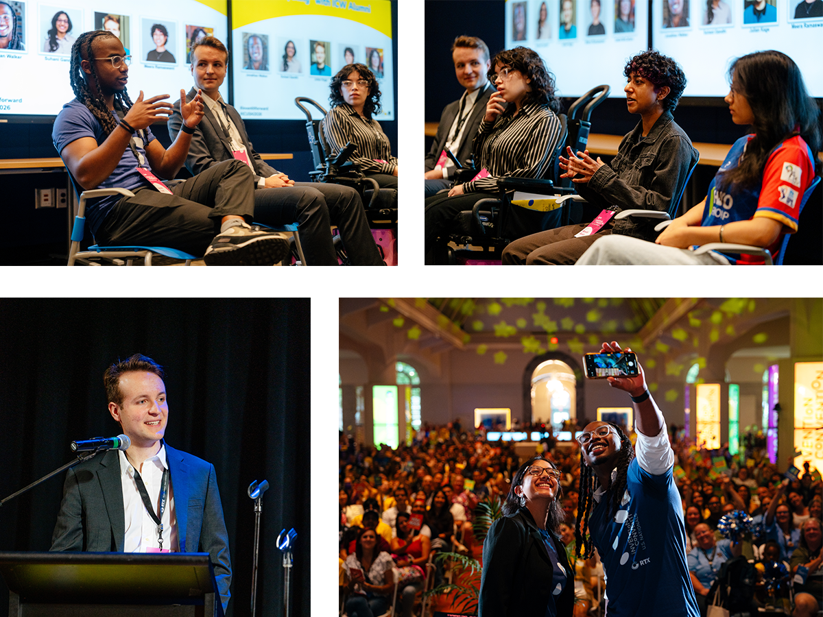 A collage of 4 images of people on stage at Invention Convention US Nationals 