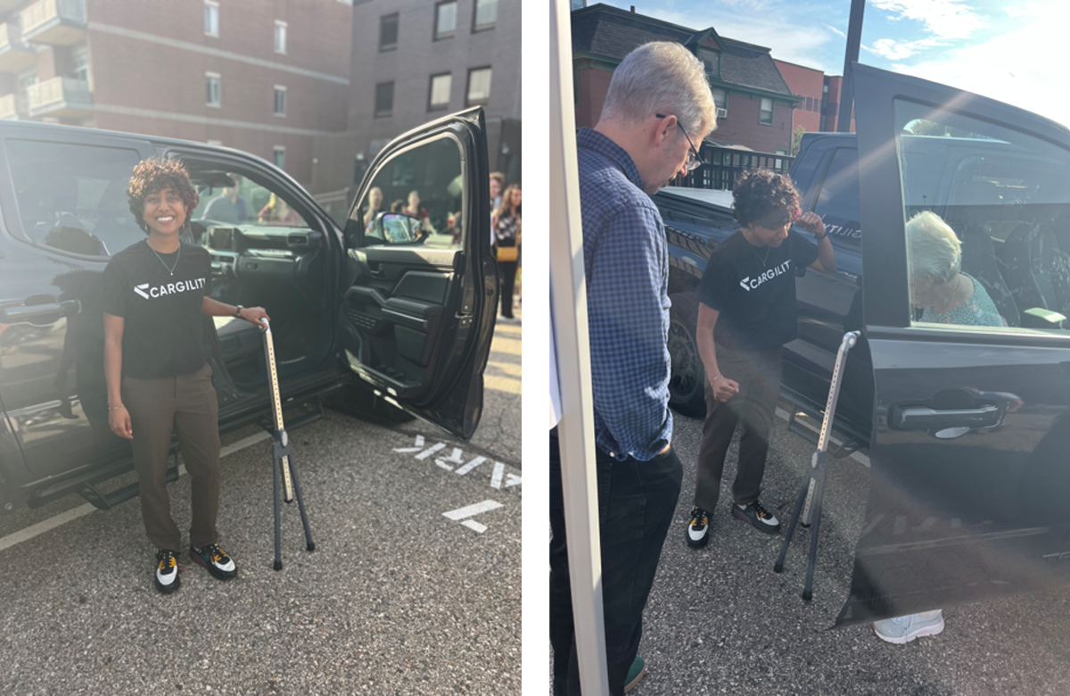 Meera demonstrating an invention to assist getting out of a car